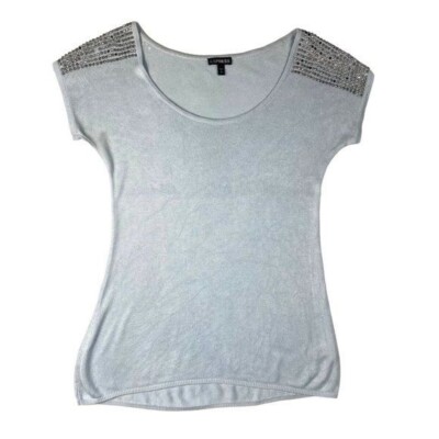 Express Light Blue Embellished Sleeve Sequin Top Size (SP)