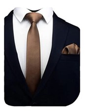 2.4" Slim Necktie and Handkerchief Set For Men Solid Skinny Tie Dark Brown
