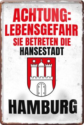 Schilderkreis24 - Blechschild ''Achtung: Lebensgefahr - Hansestadt Hamburg'' - Wit