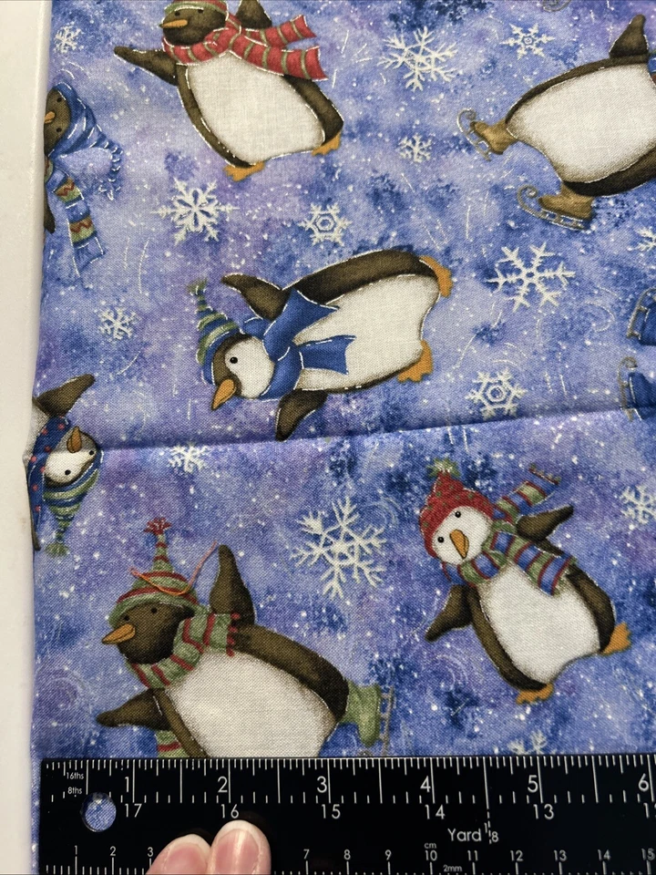BonEful FABRIC FQ Cotton Quilt Blue White Ice Glitter Snowflake Penguin Xmas 2 Y - Image 3 of 3