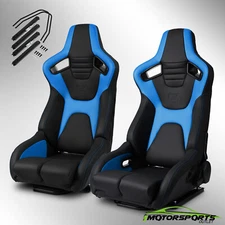 Universal PVC Reclinable Black+Blue Sport Racing Seats Pair With Slider