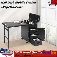 Nail Desk Mobile Station Rolling Makeup Train Case Manicure Table with Speaker