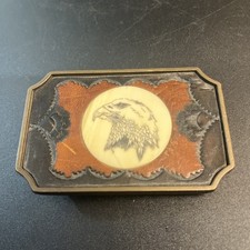 Vtg 1978 BTS Etched Eagle Brass Tooled Leather Belt Buckle USA Cowboy Country