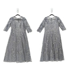 La Femme Women 14 Dress Gray Floral Applique Chiffon Lined Midi Silver Metallic