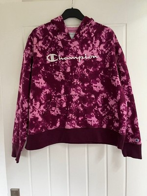Champion Tie Dye Hoodie Large Burgundy Pink Script Logo Sweatshirt