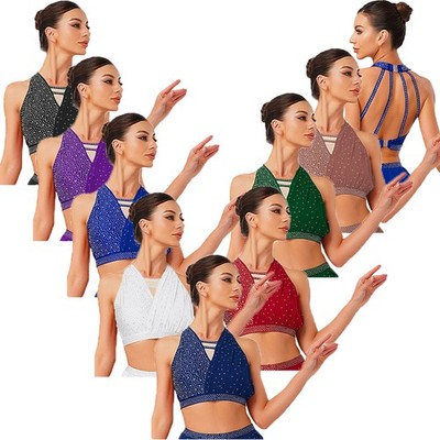 Damen Crop Tops Strappy Tanzkleidung Latin Blusen Ärmellos Glänzend Back Strass
