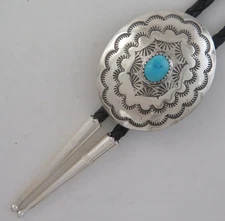 Sterling Silver & Turquoise Stamped Domed Southwestern Concho Bolo Tie