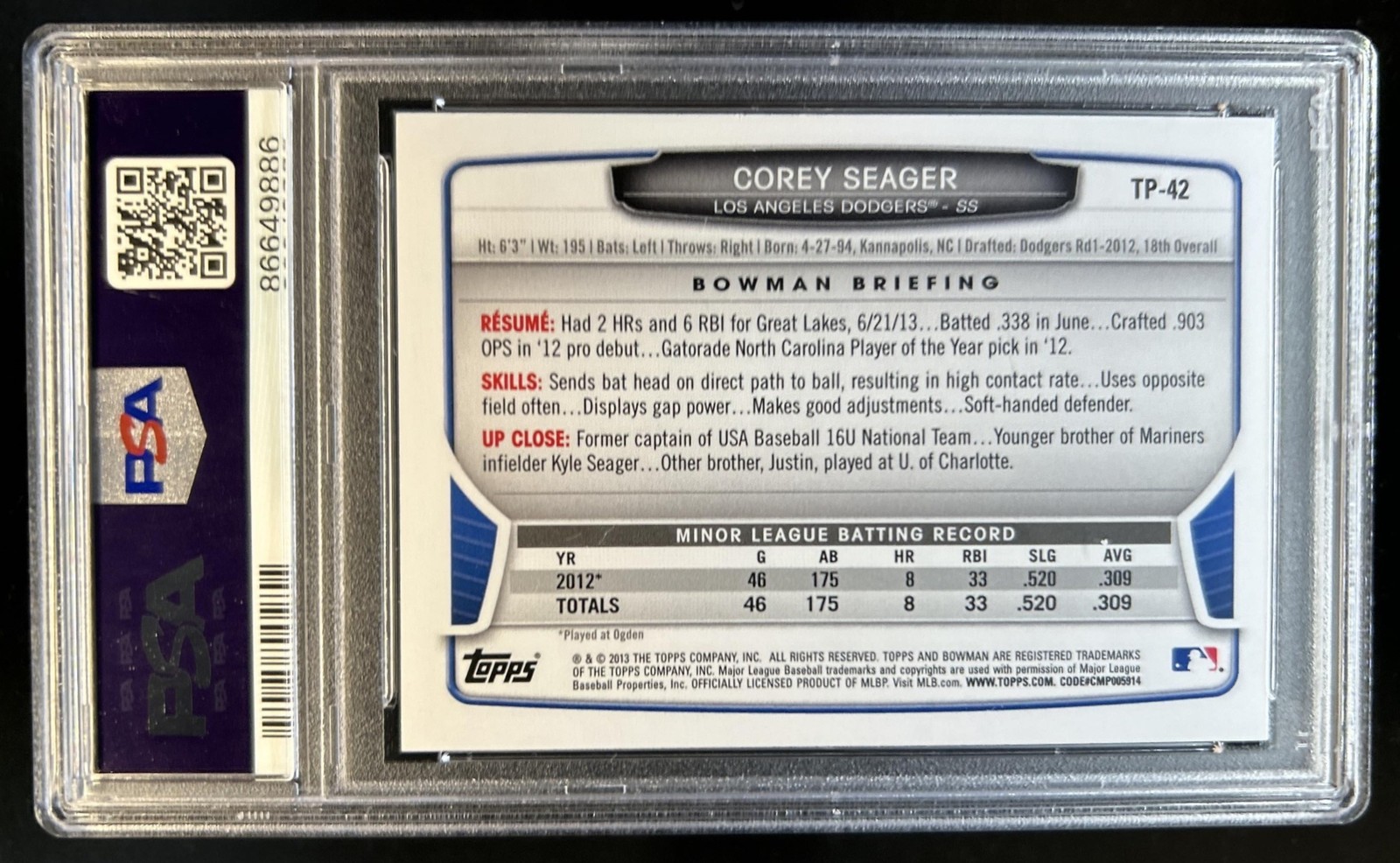 2013 Bowman Draft Picks & Prospects Corey Seager Top #TP-42 Dodgers PSA 9 view 2