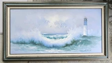 ORIGINAL OIL PAINTING SEASCAPE LIGHTHOUSE BIRDS OCEAN WAVES VINTAGE MCM FRAME