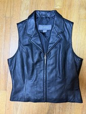 Wilsons Leather Womens Black Collared Sleeveless Full-Zip Vest Sz L Moto Biker