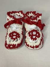 Vintage Handmade Baby Newborn Booties Red And White Crochet