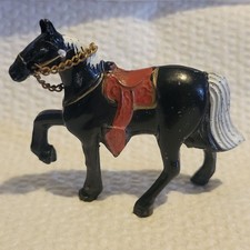 1950 s VINTAGE METAL black saddle Horse FIGURINE MINIATURE w chain reigns