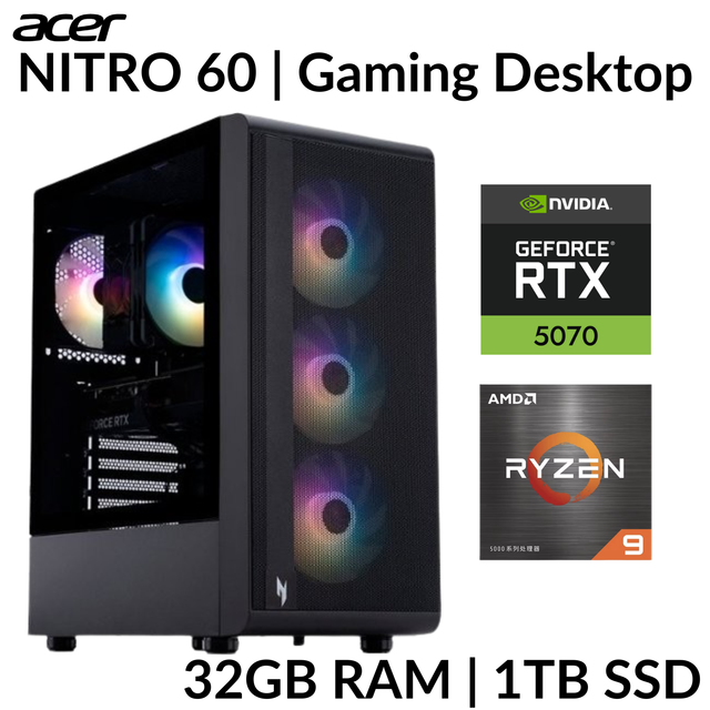 Acer Nitro 60 Gaming Desktop Ryzen 7900 GeForceRTX5070 32GB 1TB SSD Refurbished
