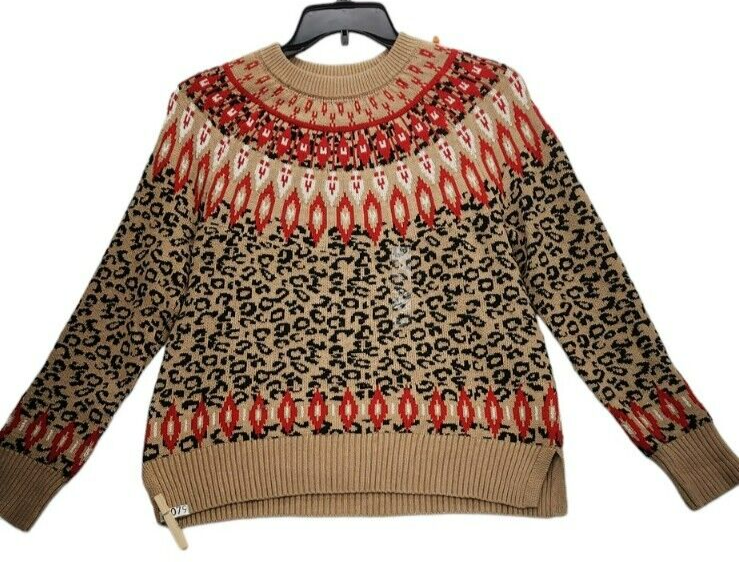Charter Club Women's Tan Red Leopard Print Gift Table Pullover Sweater M    J079