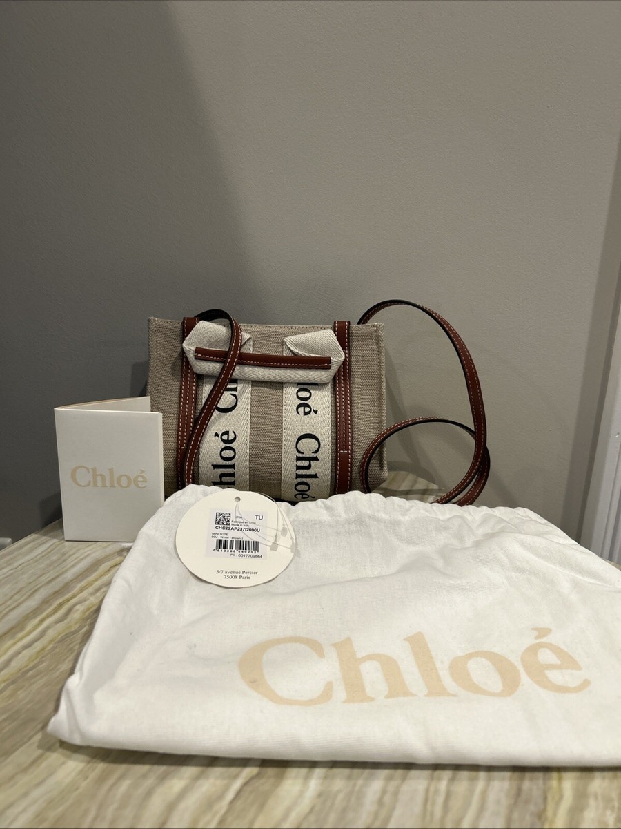 Chloe Woody Tote Canvas with Leather Mini Neutral | eBay