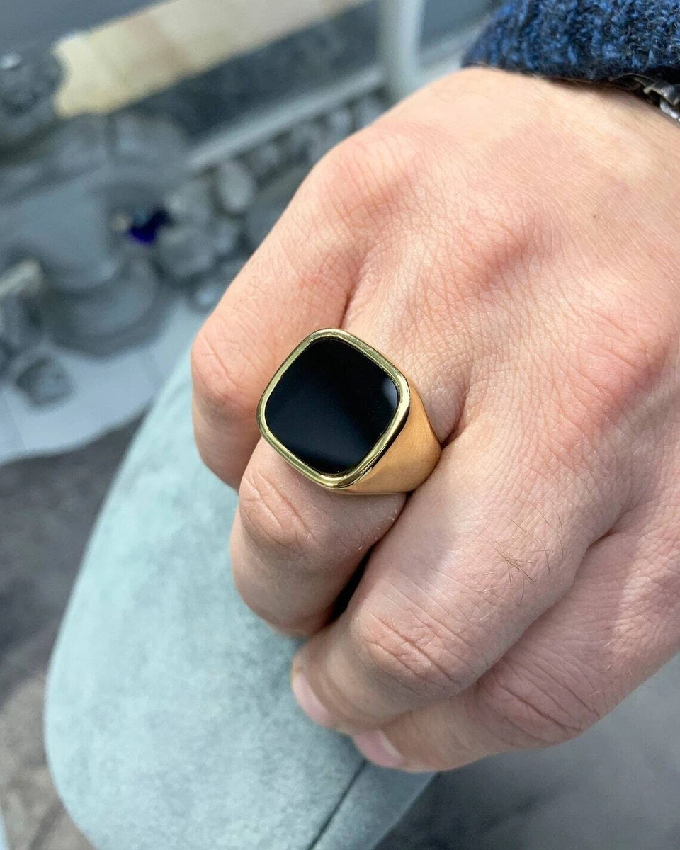 Black Onyx Square Shape Men's Signet Dedicated Ring 14k