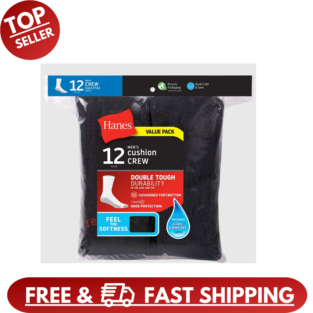 Hanes Men's Max Cushion Crew Socks, 12Pack black eBay