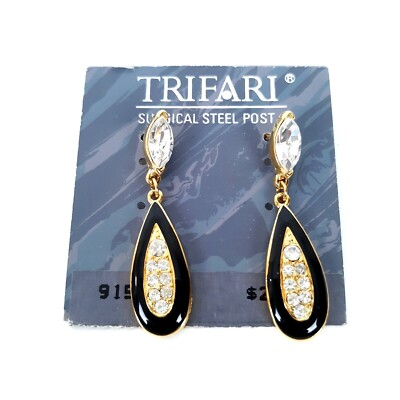 Trifari Dangle Earrings Black Enamel Rhinestone Gold Tone New Old Stock