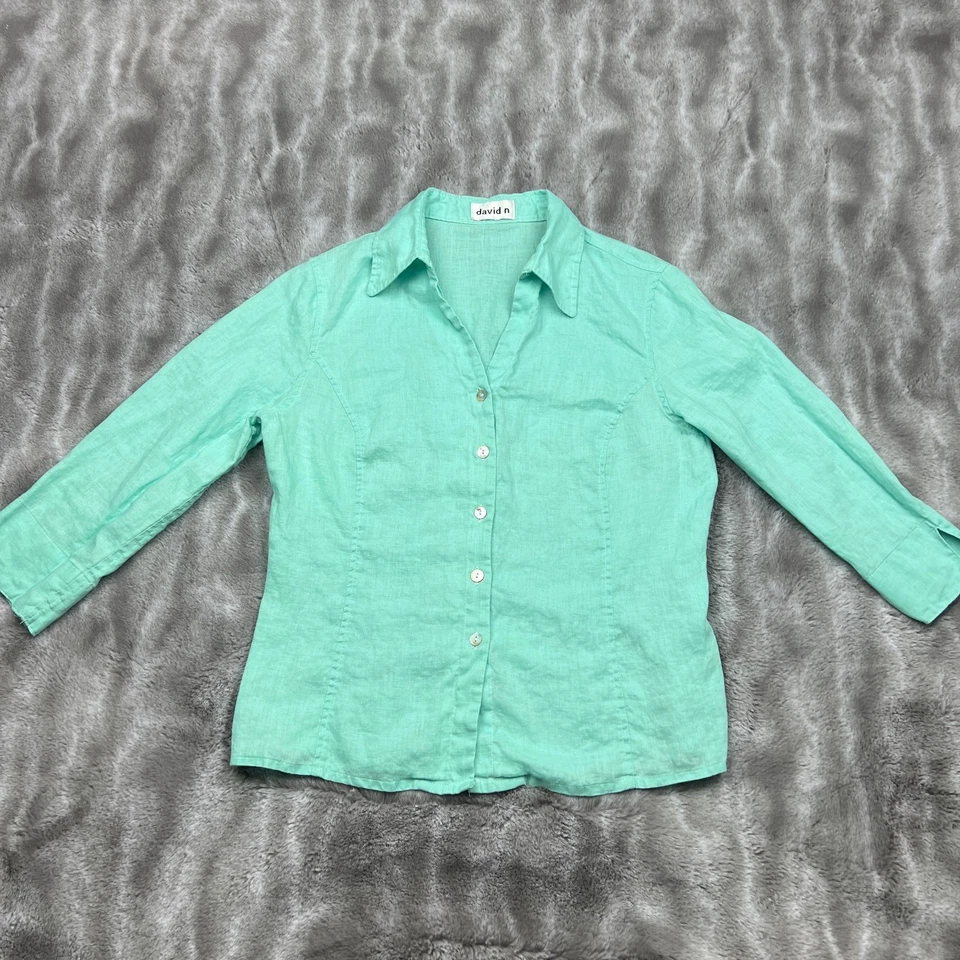 Camisa David N para mujer mediana verde menta con botones de lino top playero Lagenlook costero Foto 3 de 4