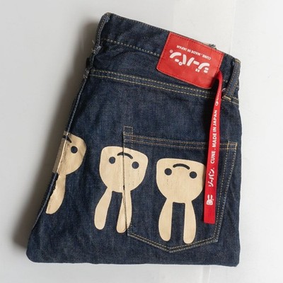 Japanese Denim Jeans CUNE 5 Rabbit Print 100% Cotton Mens Size 32 Blue Indigo