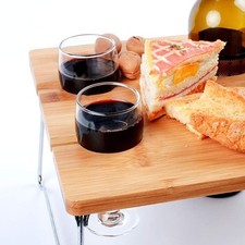 4-Person Foldable Bamboo Wine Table with Snack Tray - Compact Picnic Essential