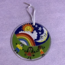 Peggy Karr Signed Fused Glass Suncatcher Circle Of Fun 3" Children Sun Rainbow 