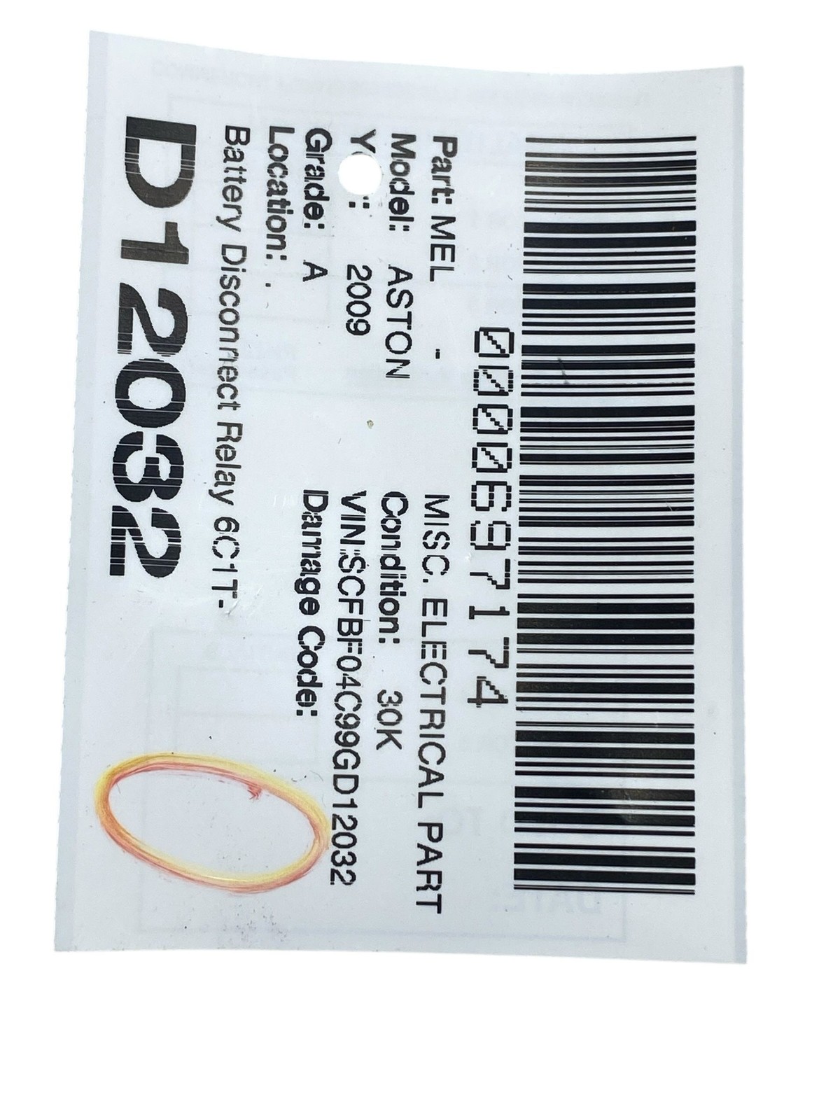 2009 Aston Martin Vantage Battery Disconnect Relay 6C1T-10B728-AB Oem