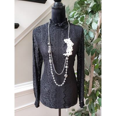 Cable & Gauge Blouse Top Women's Size Large Black Stretch Overall Lace High Neck