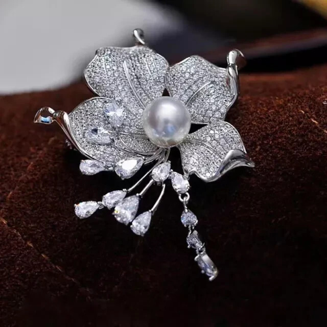2Ct Round Cut Genuine White Pearl Women Flower Brooch Pin 14K