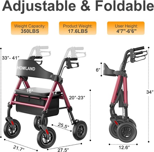 Andador Andador Plegable HOMLAND, Asiento para Personas Mayores, Ruedas Grandes de 8", 350 lb ROJO - Imagen 2 de 7