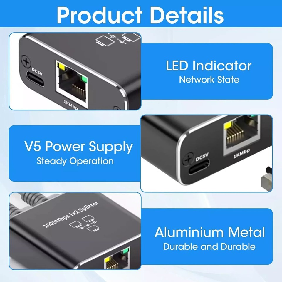 RJ45 Ethernet Splitter 1 to 2 1000Mbps Internet Switch Gigabit Lan ...