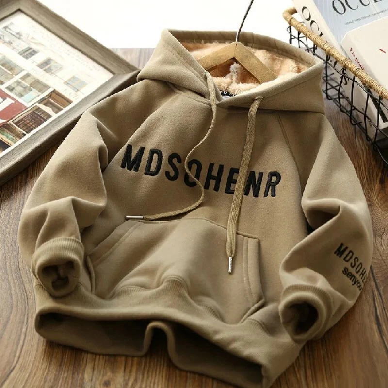 Winter Kids Thick Boys Girls Lamb's Wool Padded Warm Hoodies Letter Print Tops - Image 4 of 4