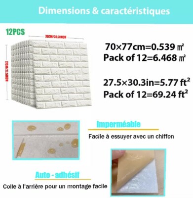 Wandplatte Fake Ziegel Wandaufkleber 12 Stück weiß deckt 6,5 m² 70x77cm ab