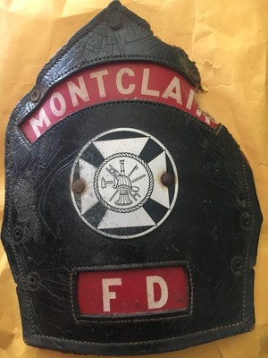 Montclair New Jersey Fire Department Leather Helmet Front Device Cairns & Bro