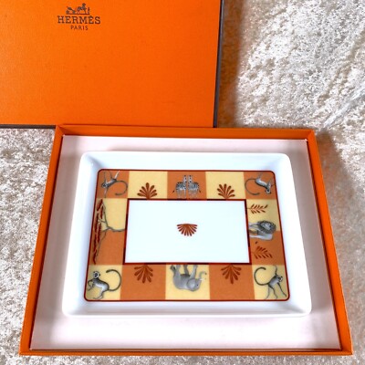Hermes Paris Change Tray Plate Africa Orange Ornament Porcelain