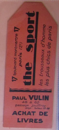 OLD STAMP PAGES ADVERTISING BOOKMARK THE SPORT BOOKSTORE PAUL VULIN ORANGE