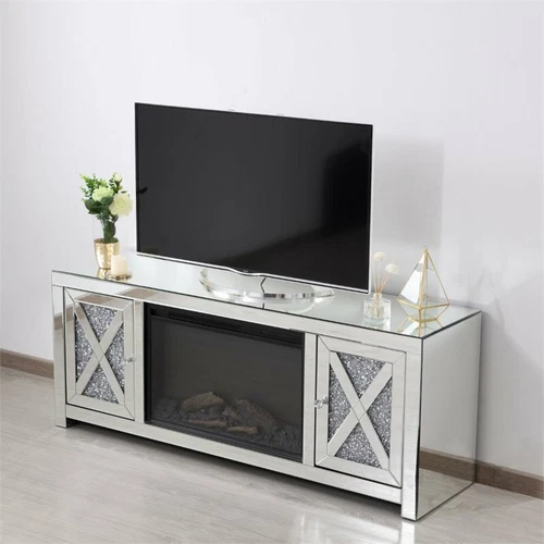Elegant Decor Modern 59" Clear Silver Mirrored Faux Log Fireplace TV Stand - Picture 9 of 10