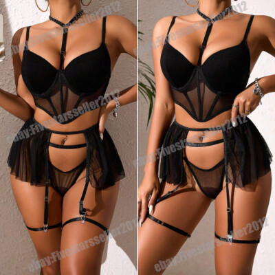 Fish Bone Bra with Underwire Ballet Skirt Garter Belt Thong Sexy Lingerie  Set US