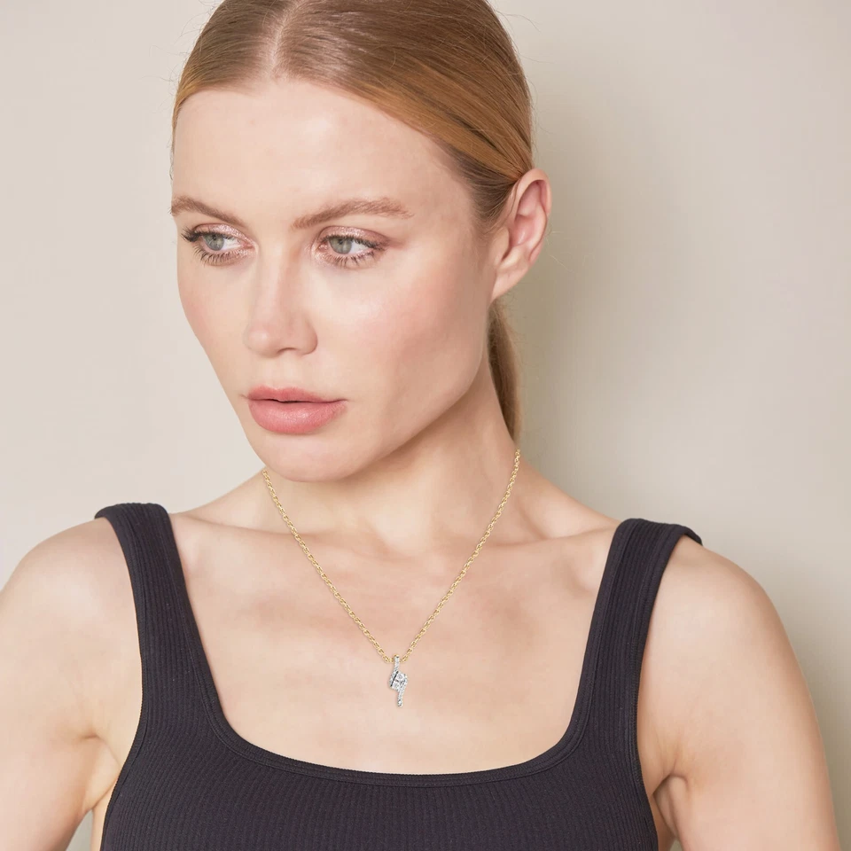 Colgante asimétrico de diamantes redondos de 2 piedras de plata 925 de 1/2 quilate con cadena para ella Foto 2 de 4