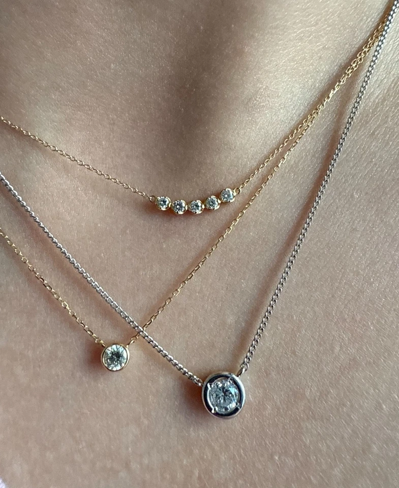 Conjunto de bisel natural de 0,35 quilates collar colgante solitario de diamantes cadena de bordillo de 16,5" Pt Foto 3 de 4