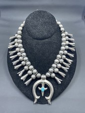 VINTAGE HAND TOOLED NAVAJO SILVER TURQUOISE SQUASH BLOSSOM NECKLACE