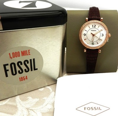 Fossil  Damen Armbanduhr, Goldfarben, Lederarmband, Strassbesatz, 5 ATM -  Neu