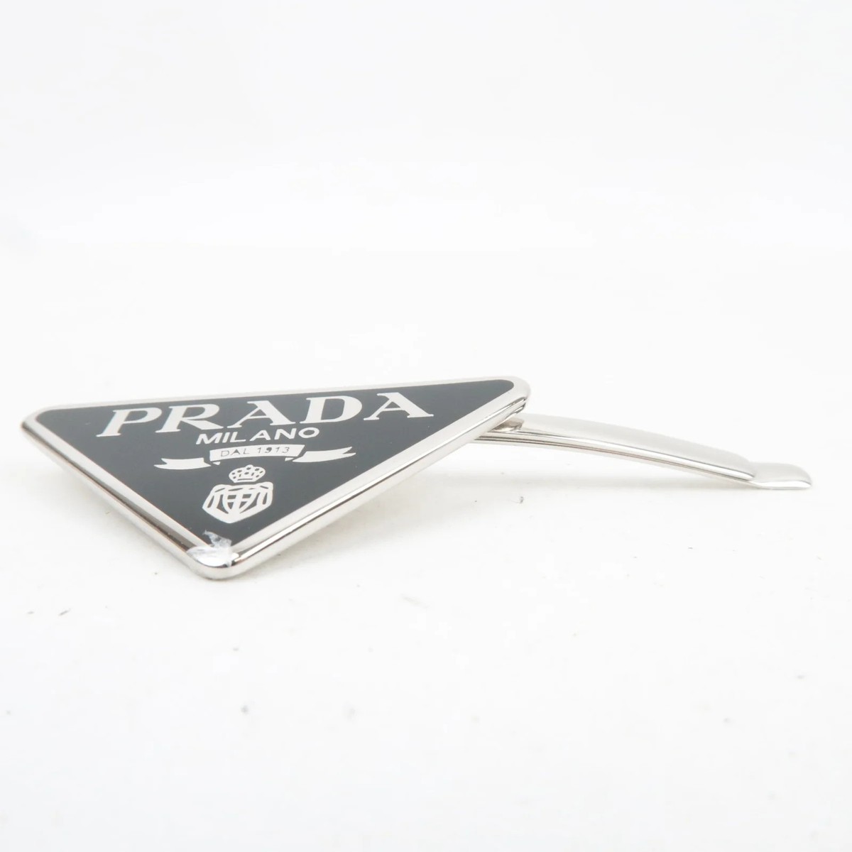 PRADA Set of 2 Triangle Logo Hair Clip Metal Silver Black