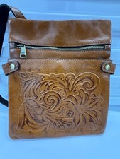 Patricia Nash Prizzi GOLD TAN Leather Crossbody Bag PURSE TOOLED DISTRESSED