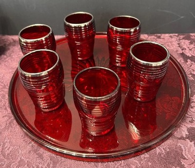 Paden Art Deco Ruby Red barware set With Silver Bands 6 Glasses & Tray