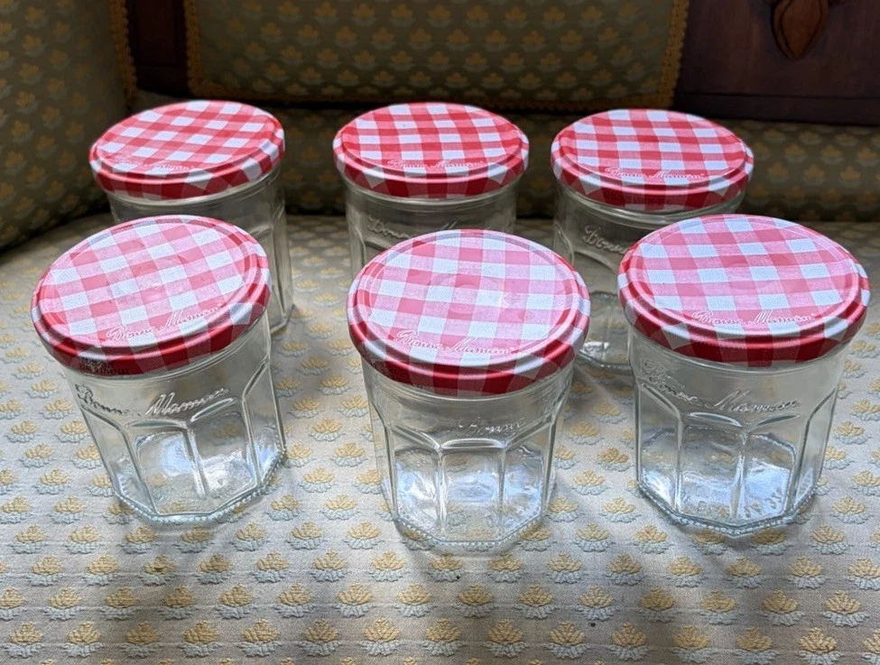 Lot of 6 Empty Bonne Maman 13 oz Glass Jam Jelly Jars Red Plaid Lids Crafts
