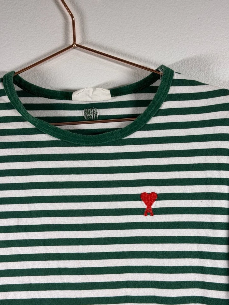 AMI Paris Ami de Coeur Striped Long Sleeve T-Shirt in Green/White Organic Cotton View 5
