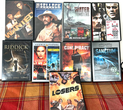Lot of 9 Action DVDs; Wanted, Conspiracy, T.Selleck (3), Monsters (4), Losers ++
