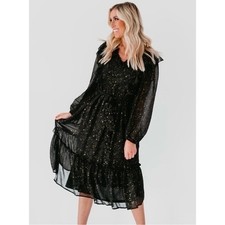 BY THE RIVER Chiffon Midi Dress Ruffled Black Gold Stars Party Glam Star Small