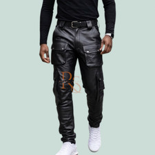 Men s Black Lambskin Leather Cargo Pants Slim Fit Biker Streetwear Trousers
